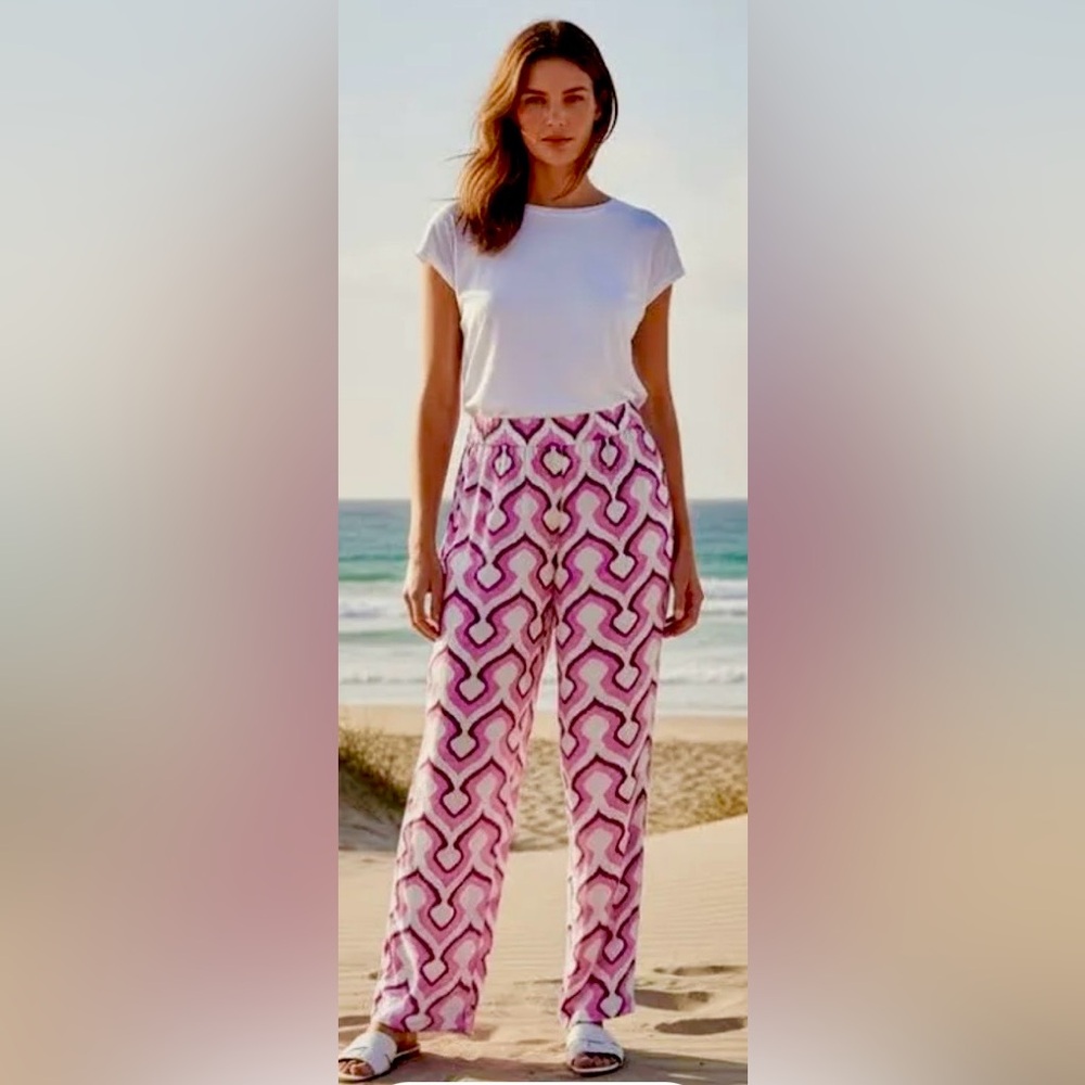Rose & Olive Resort wide leg Pants high waisted Pink & White Tie Dye Size S NWT